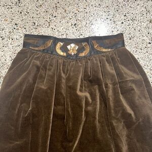 Vintage Emanuel Zoo Roma brown velvet midi skirt leather trim medium m